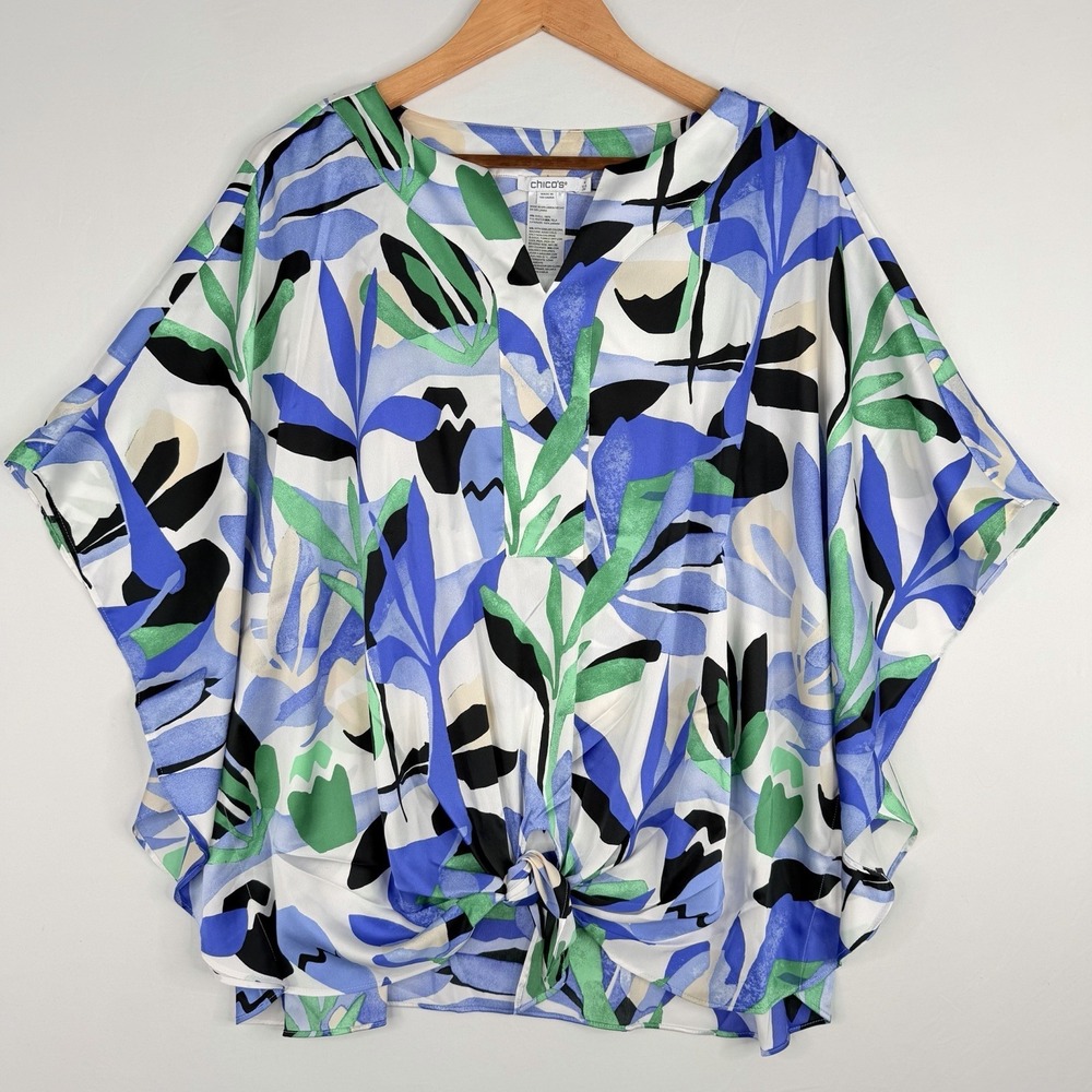 Chicos Tunic Top Tropical Satin Tie Front Short Sleeve‎ Blue White Boho SZ-20